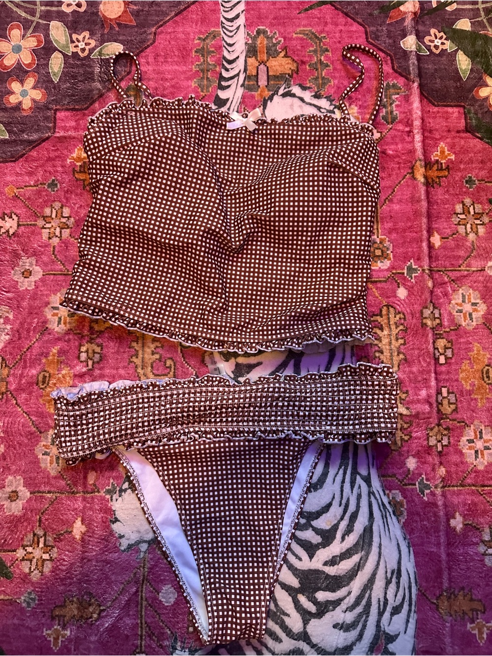 SHEIN Brown Gingham Bandeau Bikini Set